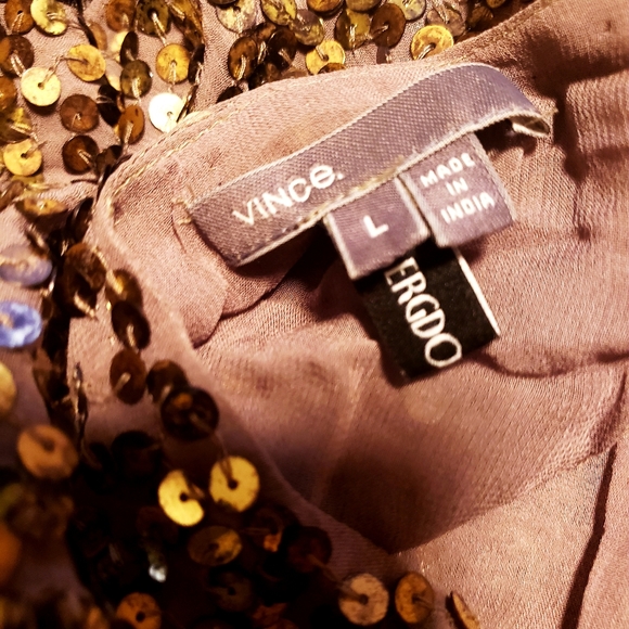 VINCE for Bergdorf Goodman Met. Sequin Silk Pewter Gold Top-L - Picture 6 of 10